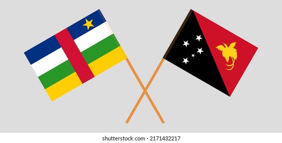 Gekreuzte Flaggen der Zentralafrikanischen Republik und Papua-Neuguineas. Offizielle Farben. Richtiger Anteil. Vektorgrafik

