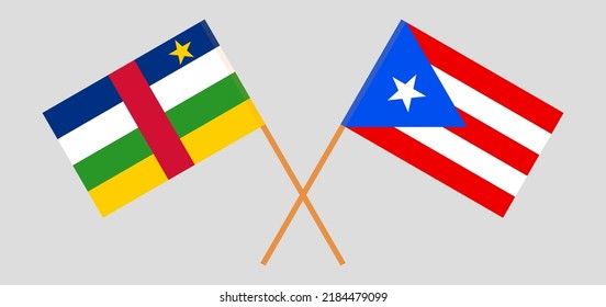 Gekreuzte Flaggen der Zentralafrikanischen Republik und Puerto Rico. Offizielle Farben. Richtiger Anteil. Vektorgrafik
