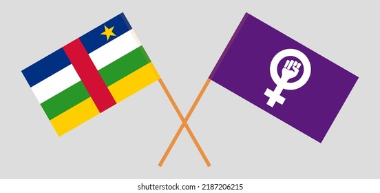 Crossed flags of Central African Republic and Feminism. Official colors. Correct proportion. Vector illustration
