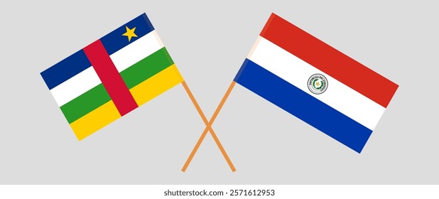 Crossed flags of Central African Republic and Republic of Paraguay. Official colors. Correct proportion. Vector illustration.
