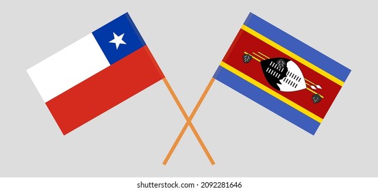 Crossed flags of Chile and Eswatini. Official colors. Correct proportion. Vector illustration
