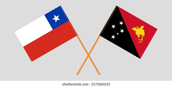 Crossed flags of Chile and Papua New Guinea. Official colors. Correct proportion. Vector illustration
