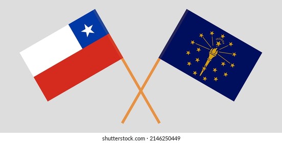 Crossed flags of Chile and the State of Indiana. Official colors. Correct proportion. Vector illustration