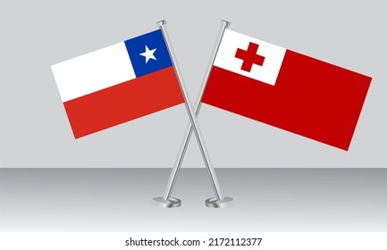 Gekreuzte Flaggen von Chile und Tonga. Offizielle Farben. Richtiger Anteil. Banner-Design