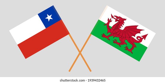 Crossed flags of Chile and Wales. Official colors. Correct proportion