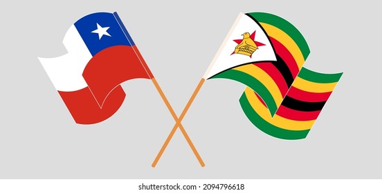 Crossed flags of Chile and Zimbabwe. Official colors. Correct proportion. Vector illustration
