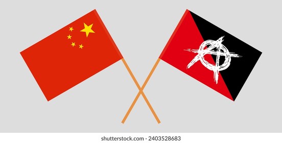 Crossed flags of China and anarchy. Official colors. Correct proportion. Vector illustration
