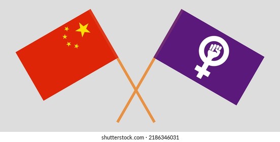 Crossed flags of China and Feminism. Official colors. Correct proportion. Vector illustration
