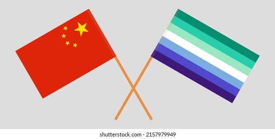 Crossed flags of China and gay men pride. Official colors. Correct proportion. Vector illustration
