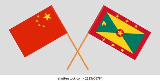 Crossed flags of China and Grenada. Official colors. Correct proportion. Vector illustration
