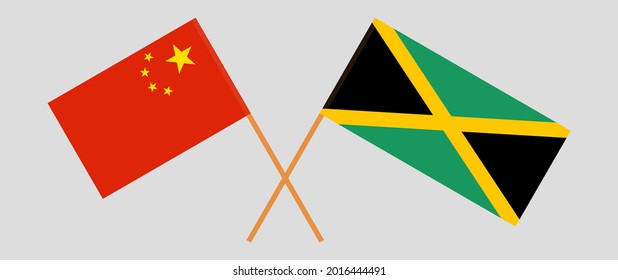 Crossed flags of China and Jamaica. Official colors. Correct proportion
