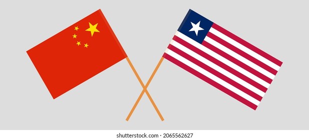 Crossed flags of China and Liberia. Official colors. Correct proportion