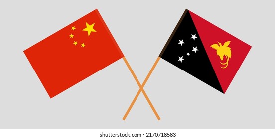 Crossed flags of China and Papua New Guinea. Official colors. Correct proportion. Vector illustration
