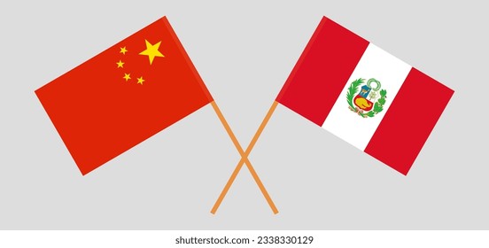 Gekreuzte Flaggen von China und Peru. Offizielle Farben. Richtiger Anteil. Vektorgrafik
