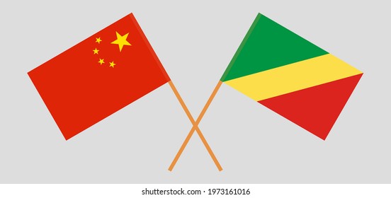 Crossed flags of China and Republic of the Congo. Official colors. Correct proportion