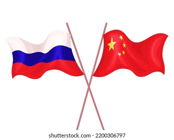 Crossed flags of China and Russia. Friendship, union, partnership. Flags are waving on the isolated white background. Vector illustration.