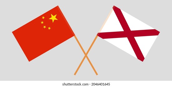 Crossed flags of China and The State of Alabama. Official colors. Correct proportion