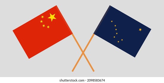 Überquerte Flaggen von China und dem Staat Alaska. Offizielle Farben. Richtiger Anteil. Vektorgrafik
