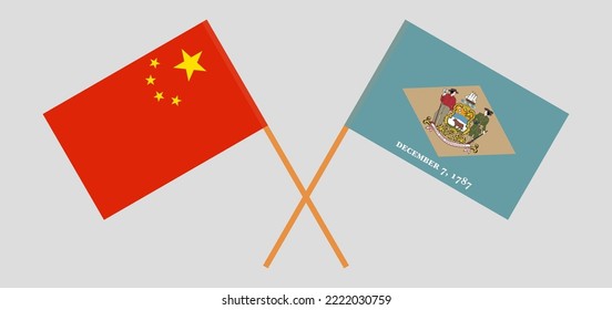 Crossed flags of China and The State of Delaware. Official colors. Correct proportion. Vector illustration

