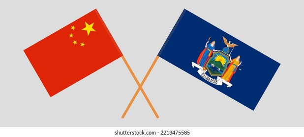 Crossed flags of China and The State of New York. Official colors. Correct proportion. Vector illustration
