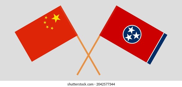 Crossed flags of China and the State of Tennessee. Official colors. Correct proportion