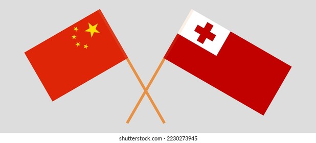 Crossed flags of China and Tonga. Official colors. Correct proportion. Vector illustration
