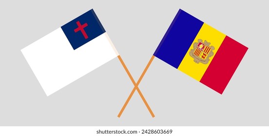 Crossed flags of christianity and Andorra. Official colors. Correct proportion. Vector illustration
