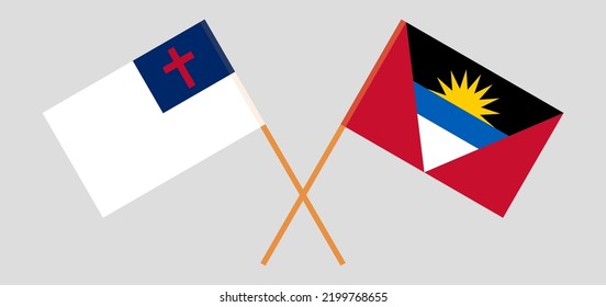 Banderas cruzadas de cristiandad y Antigua y Barbuda. Colores oficiales. Proporción correcta. Ilustración del vector
