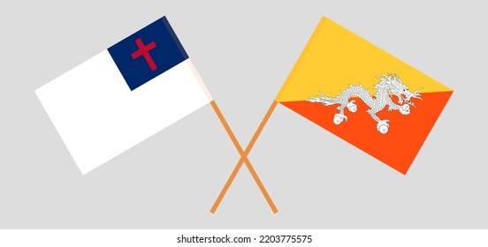 Banderas cruzadas de cristiandad y Bután. Colores oficiales. Proporción correcta. Ilustración del vector
