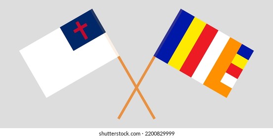 Crossed flags of christianity and Buddhism. Official colors. Correct proportion. Vector illustration
