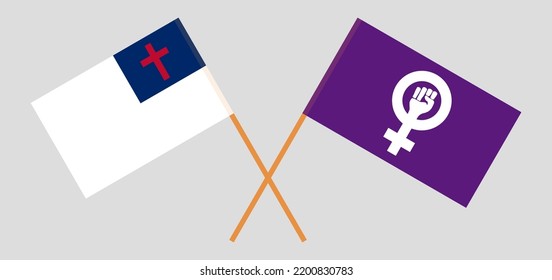 Banderas cruzadas de cristiandad y feminismo. Colores oficiales. Proporción correcta. Ilustración del vector
