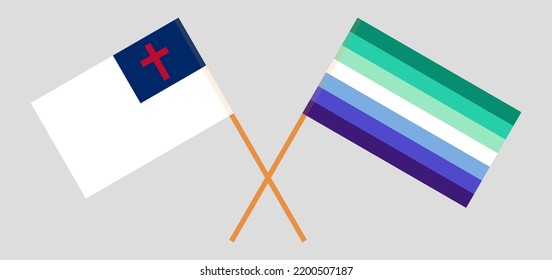 Banderas cruzadas de cristiandad y orgullo gay. Colores oficiales. Proporción correcta. Ilustración del vector
