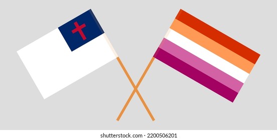 Banderas cruzadas de cristiandad y Orgullo Lesbiano. Colores oficiales. Proporción correcta. Ilustración del vector
