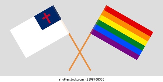 Banderas cruzadas de cristiandad y LGBTQ. Colores oficiales. Proporción correcta. Ilustración del vector
