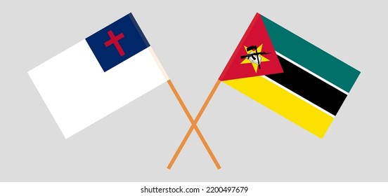 Banderas cruzadas de cristiandad y Mozambique. Colores oficiales. Proporción correcta. Ilustración del vector
