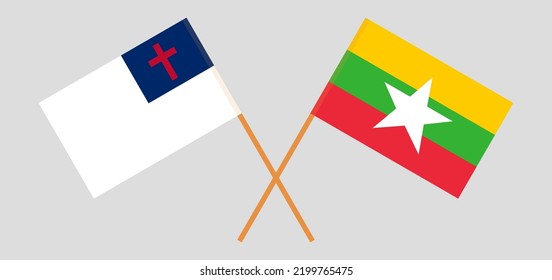 Banderas cruzadas de cristiandad y Myanmar. Colores oficiales. Proporción correcta. Ilustración del vector
