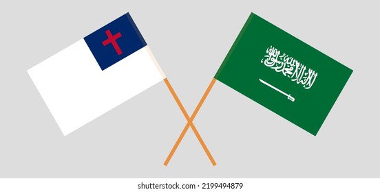 Banderas cruzadas de cristiandad y Arabia Saudita. Colores oficiales. Proporción correcta. Ilustración del vector