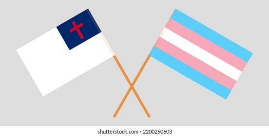 Crossed flags of christianity and Transgender Pride. Official colors. Correct proportion. Vector illustration
