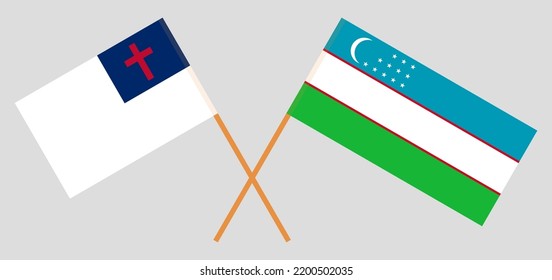 Banderas cruzadas de cristiandad y Uzbekistán. Colores oficiales. Proporción correcta. Ilustración del vector
