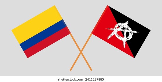 Crossed flags of Colombia and anarchy. Official colors. Correct proportion. Vector illustration
