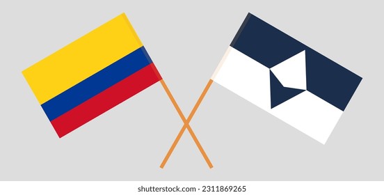 Crossed flags of Colombia and Antarctica. Official colors. Correct proportion. Vector illustration
