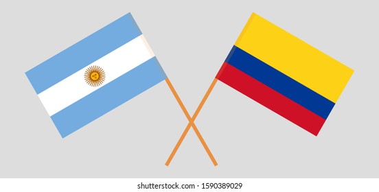 Crossed flags of Colombia and Argentina. Official colors. Correct proportion. Vector illustration

