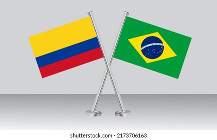 Crossed flags of Colombia and Brazil. Official colors. Correct proportion. Banner design