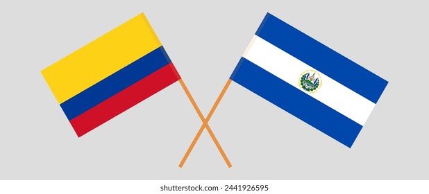 Crossed flags of Colombia and El Salvador. Official colors. Correct proportion. Vector illustration
