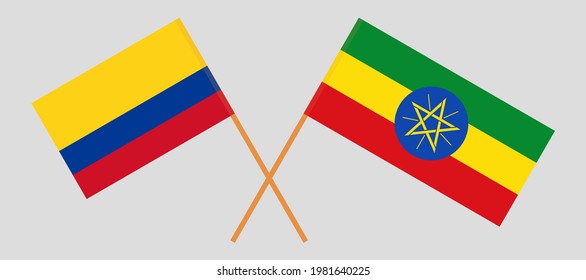 Crossed flags of Colombia and Ethiopia. Official colors. Correct proportion