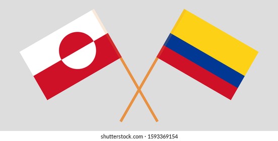 Crossed flags of Colombia and Greenland. Official colors. Correct proportion. Vector illustration
