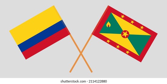 Crossed flags of Colombia and Grenada. Official colors. Correct proportion. Vector illustration
