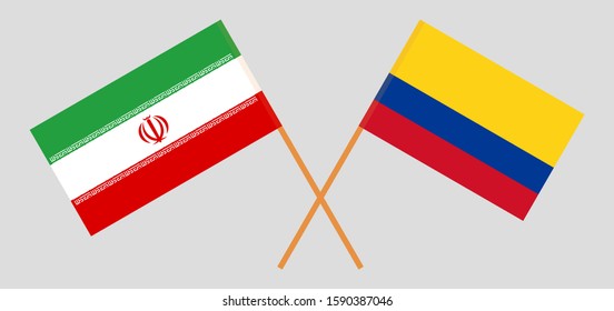 Crossed flags of Colombia and Iran. Official colors. Correct proportion. Vector illustration
