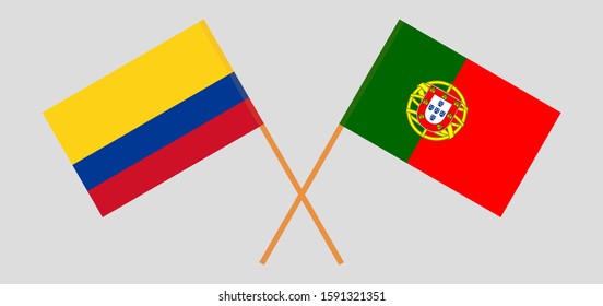 Crossed flags of Colombia and Portugal. Official colors. Correct proportion. Vector illustration
