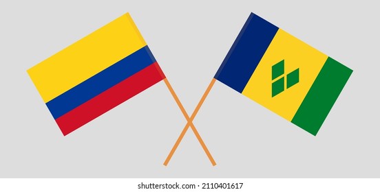 Crossed flags of Colombia and Saint Vincent and the Grenadines. Official colors. Correct proportion. Vector illustration
